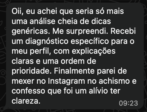 Depoimento 2 de cliente da Análise do seu Perfil no Instagram