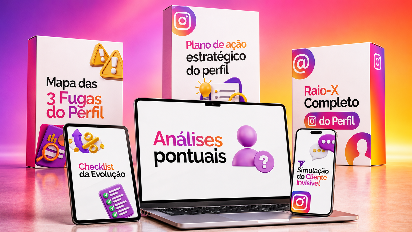 Mockup com todos os entregáveis da Análise do Seu Perfil no Instagram